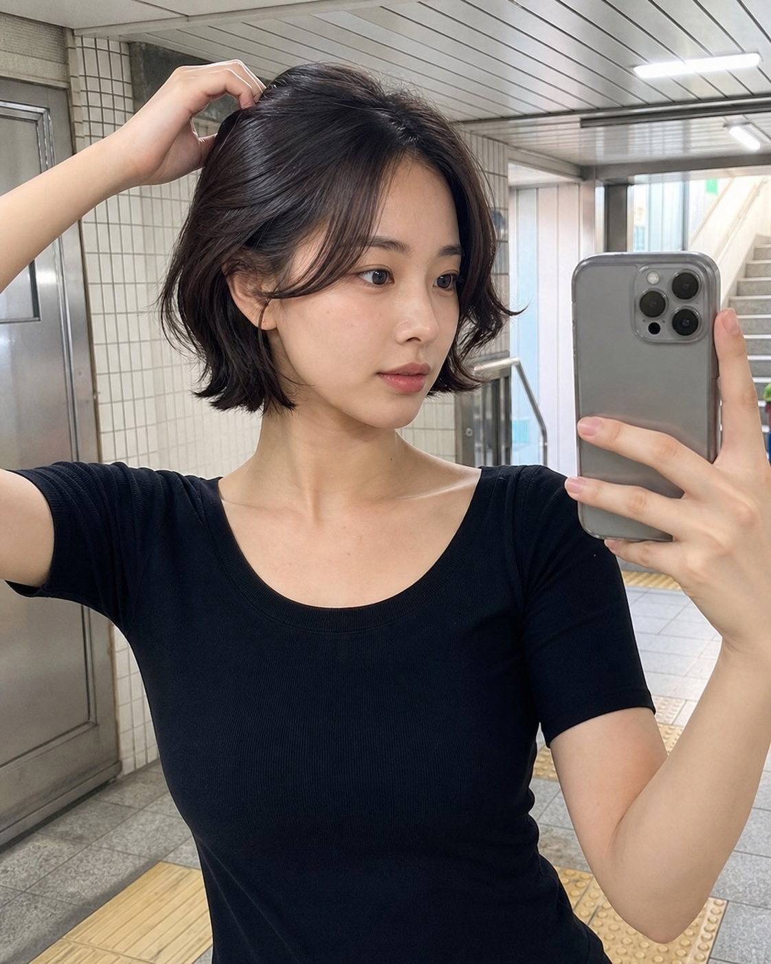 지하철역 거울 셀카로 보이는 짧은 보브 컷