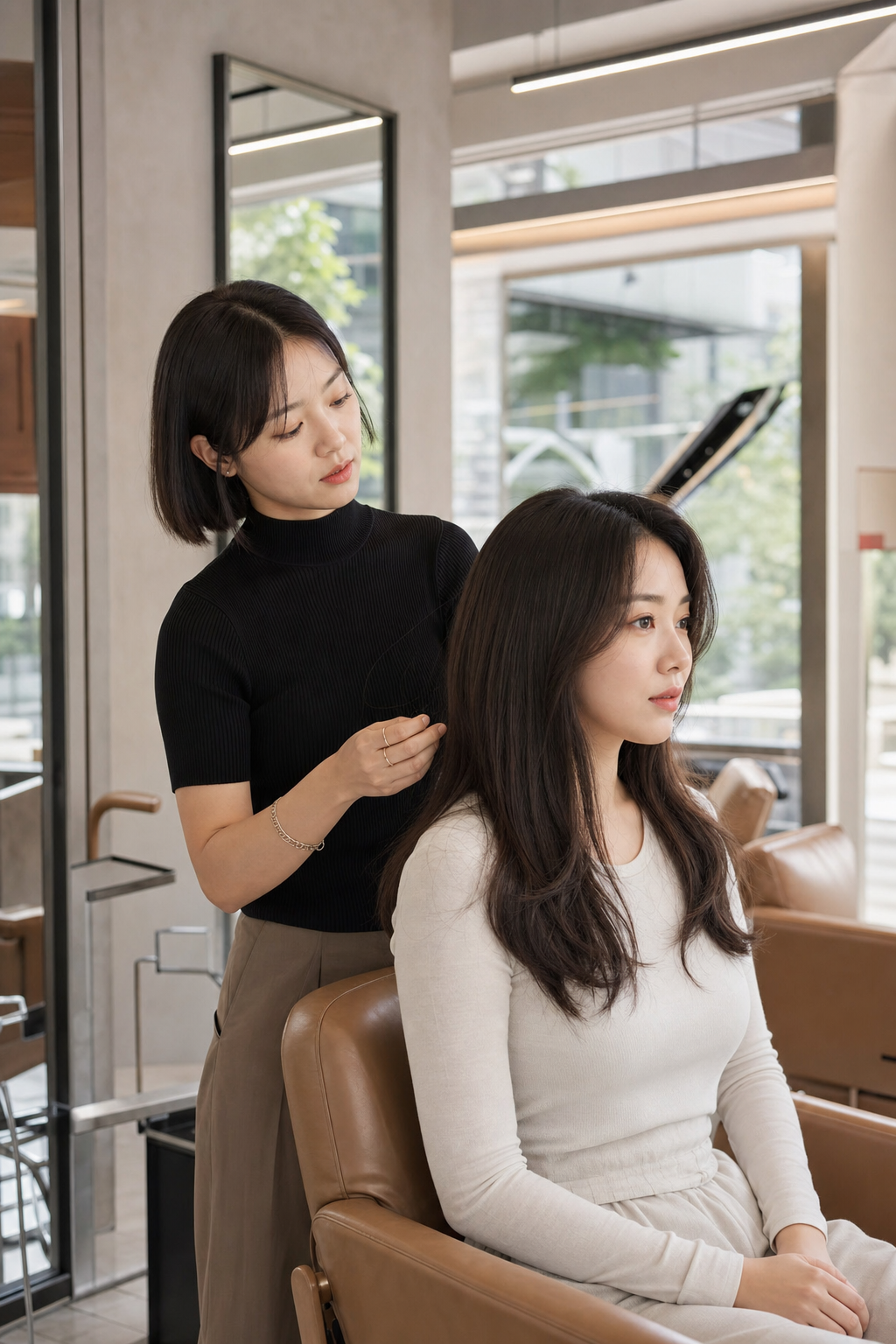 마들역 인근 모던한 헤어 살롱에서 한국인 여성 스타일리스트가 고객과 헤어 상담을 진행하는 모습