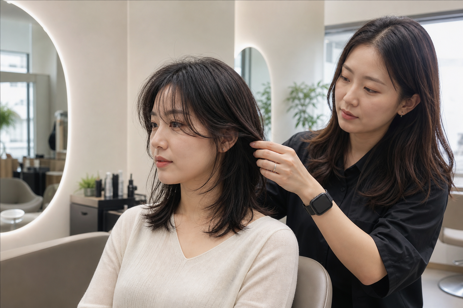 레이어드펌 상담과 커트 구조를 보여주는 장면