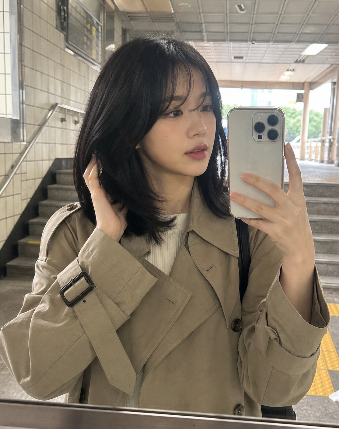 거울 셀카로 담은 옆으로 흐르는 앞머리