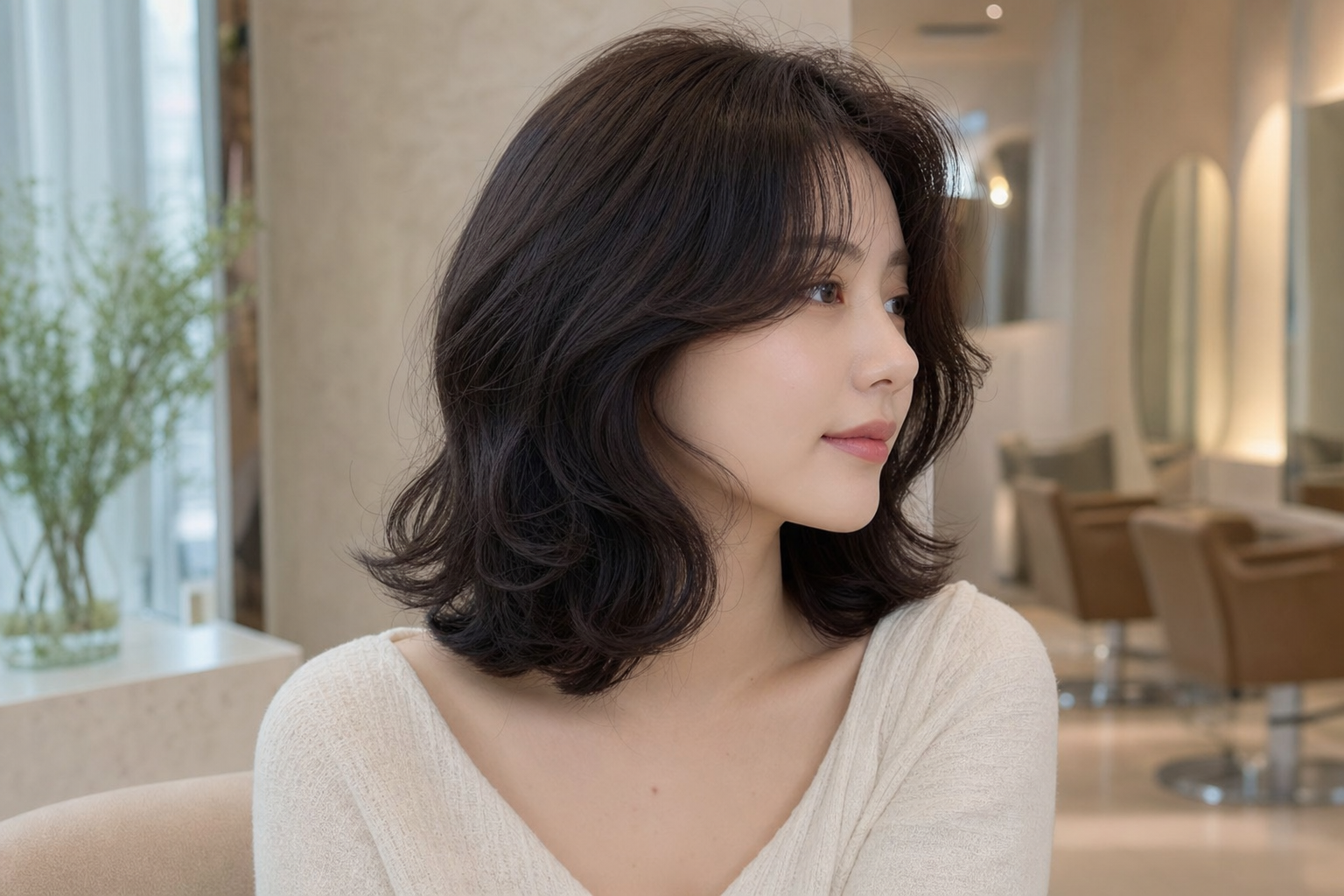 얼굴형을 보완하고 뿌리 볼륨을 살린 굵은 웨이브펌
