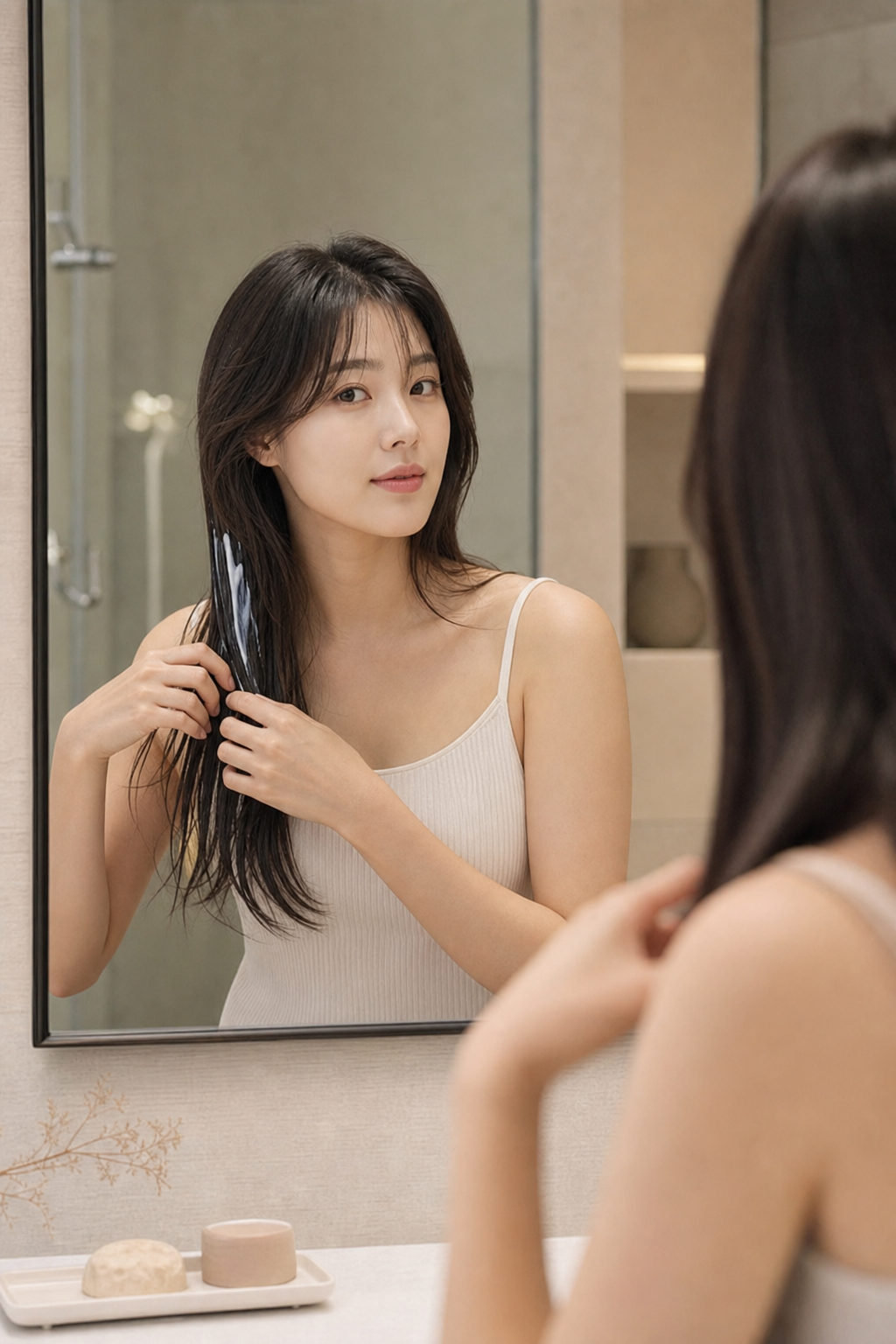 집에서 전문 헤어 제품으로 윤기 나는 머릿결을 관리하는 한국 여성의 모습.