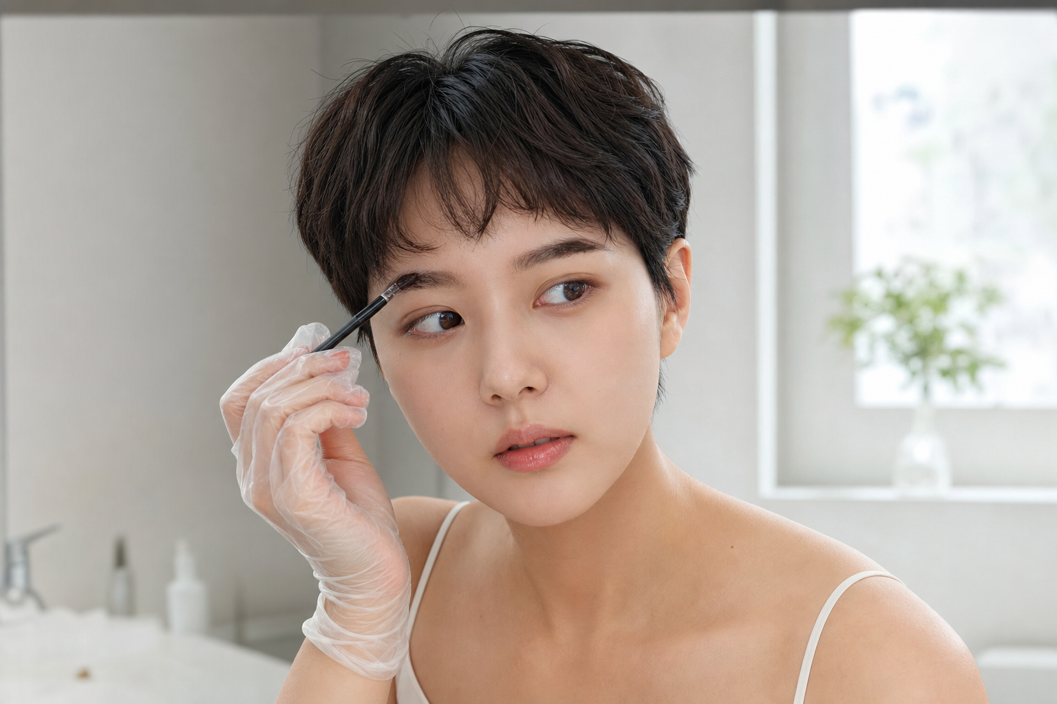 눈썹 전용 염색키트를 사용하는 근접 장면