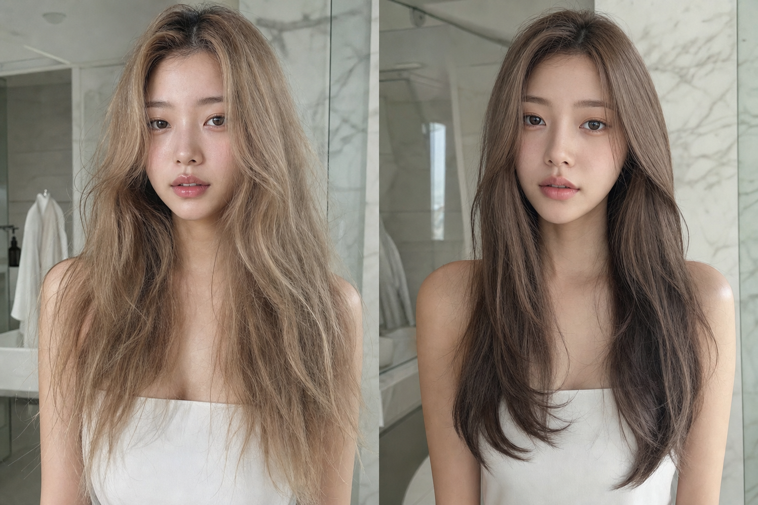 손상모에서 부드러운 질감으로 변화를 보여주는 비교 이미지