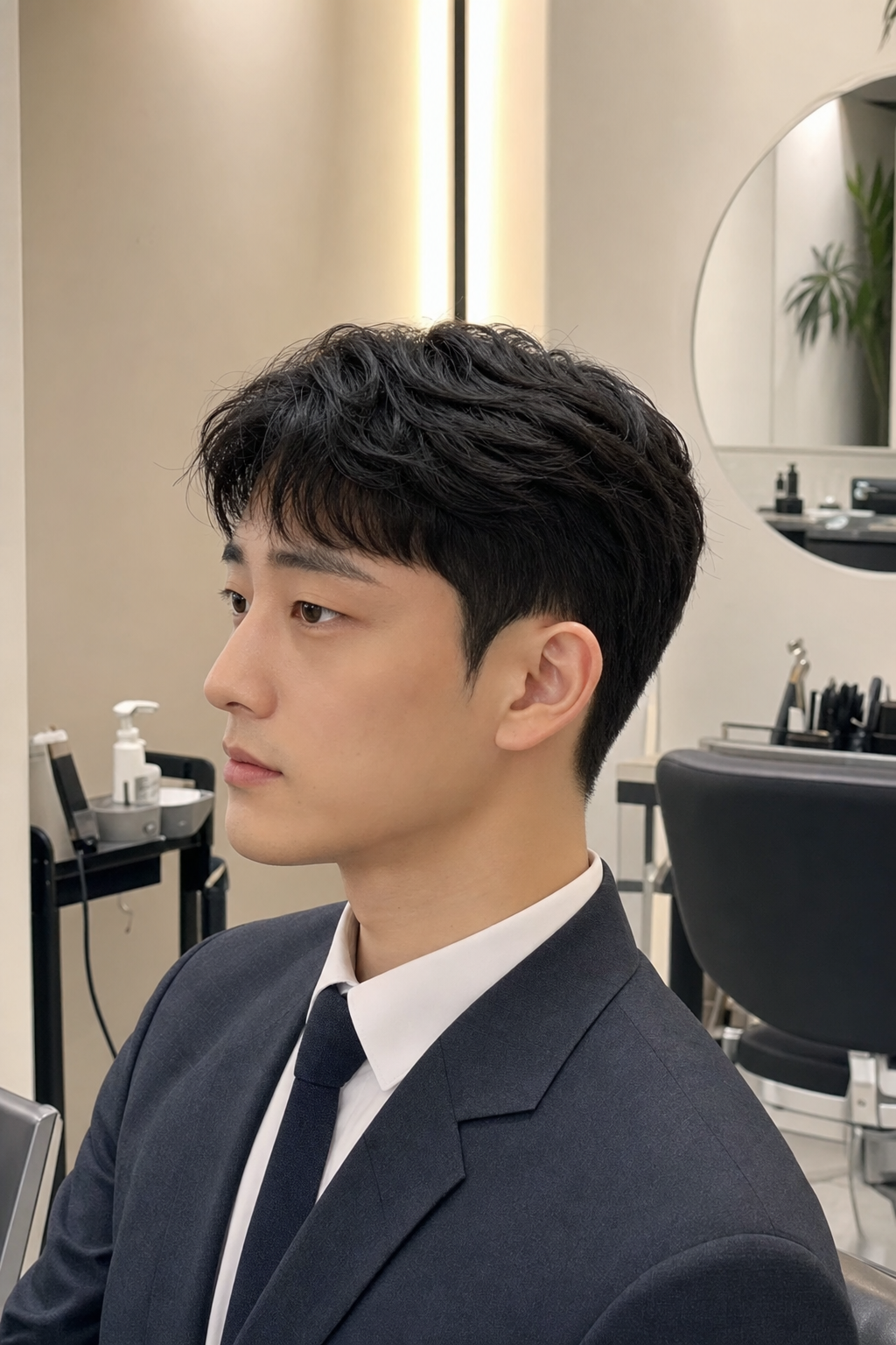 짧은 앞머리의 세미 크롭 느낌