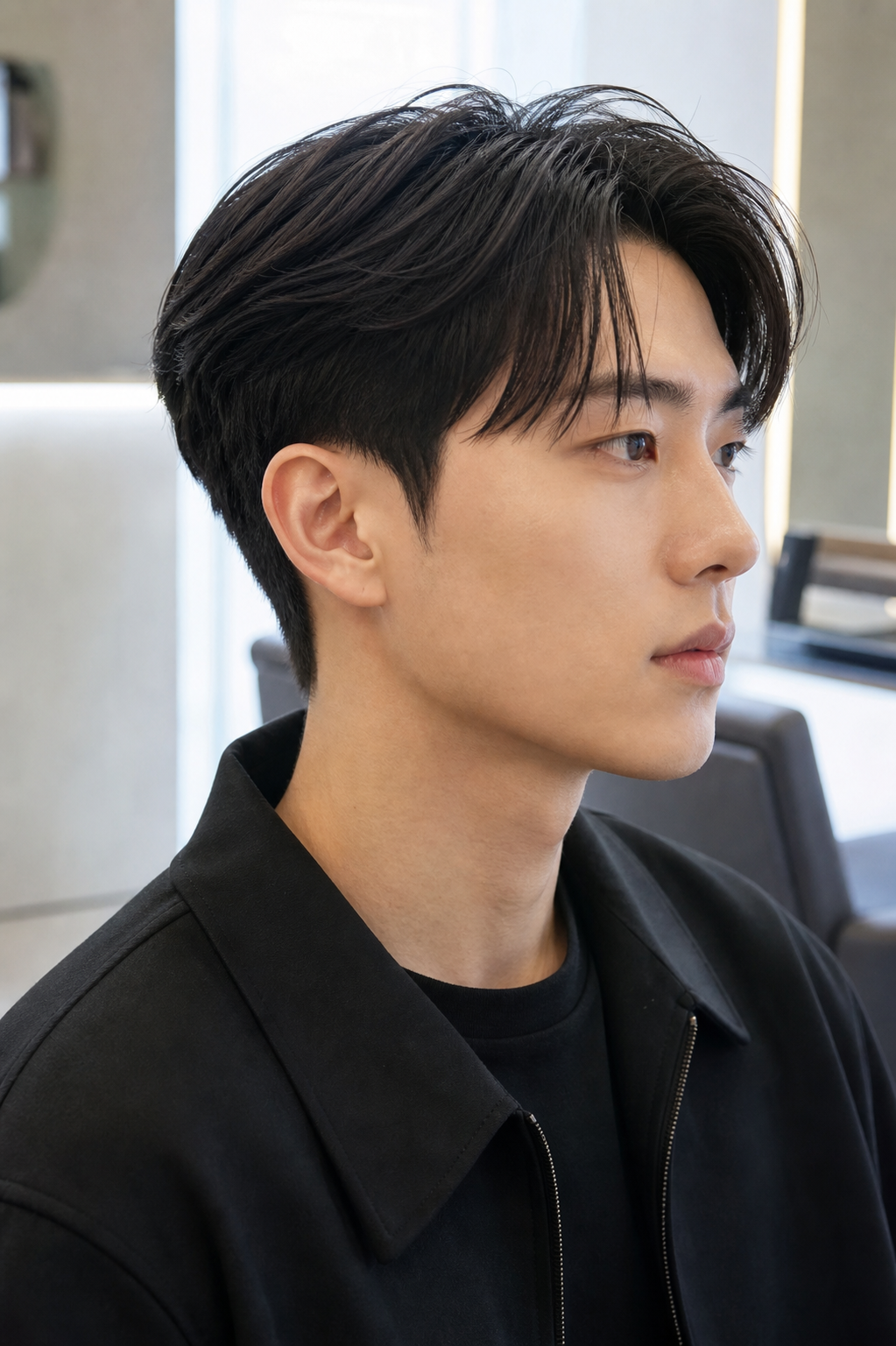 허남준 배우의 세미 가일컷은 한쪽 앞머리가 자연스럽게 떨어져 부드러운 인상을 줍니다.