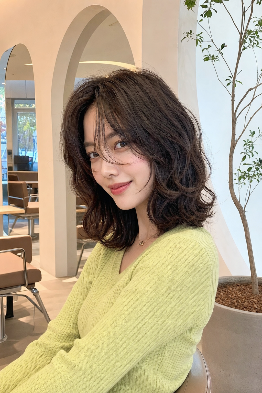 Shin Hye-sun with a bold hippie perm, playful and stylish, natural light, vibrant colors, with layer