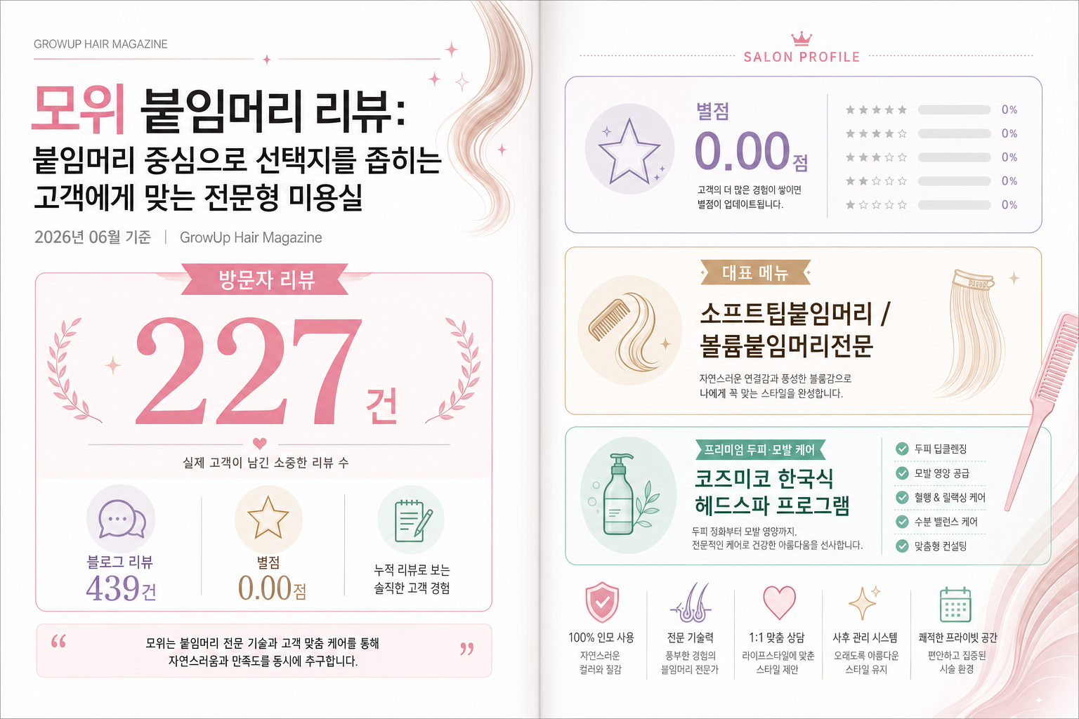 모위 붙임머리 리뷰: 붙임머리 중심으로 선택지를 좁히는 고객에게 맞는 전문형 미용실 인포그래픽 (2026년 06월 기준)