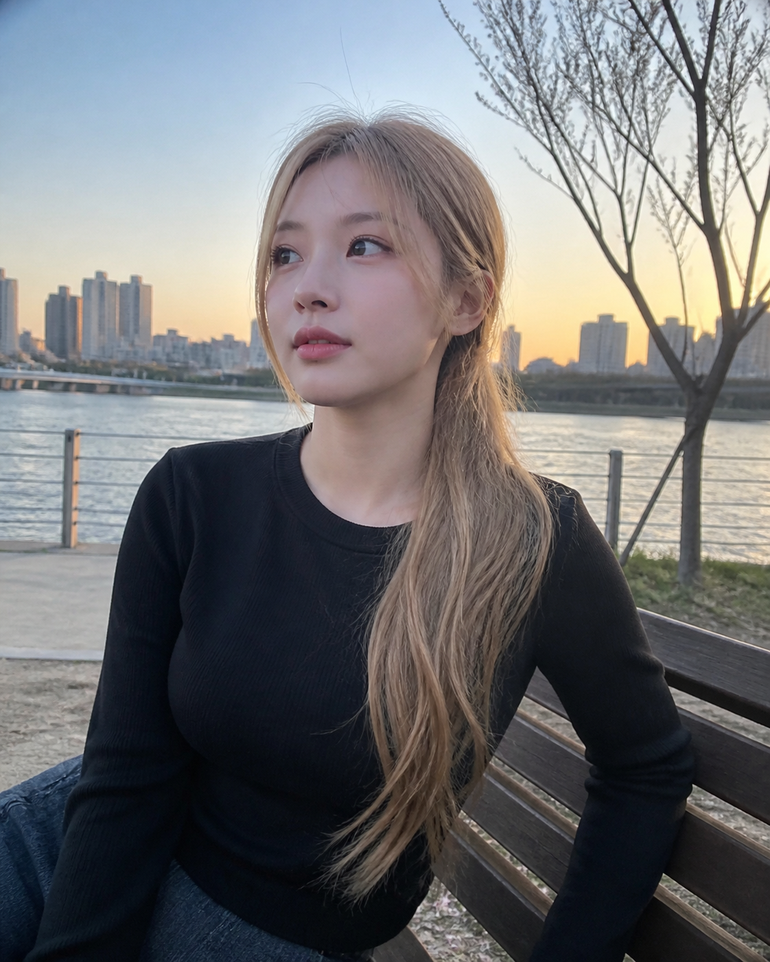 한강공원에서 자연스럽게 흐르는 긴머리 실루엣