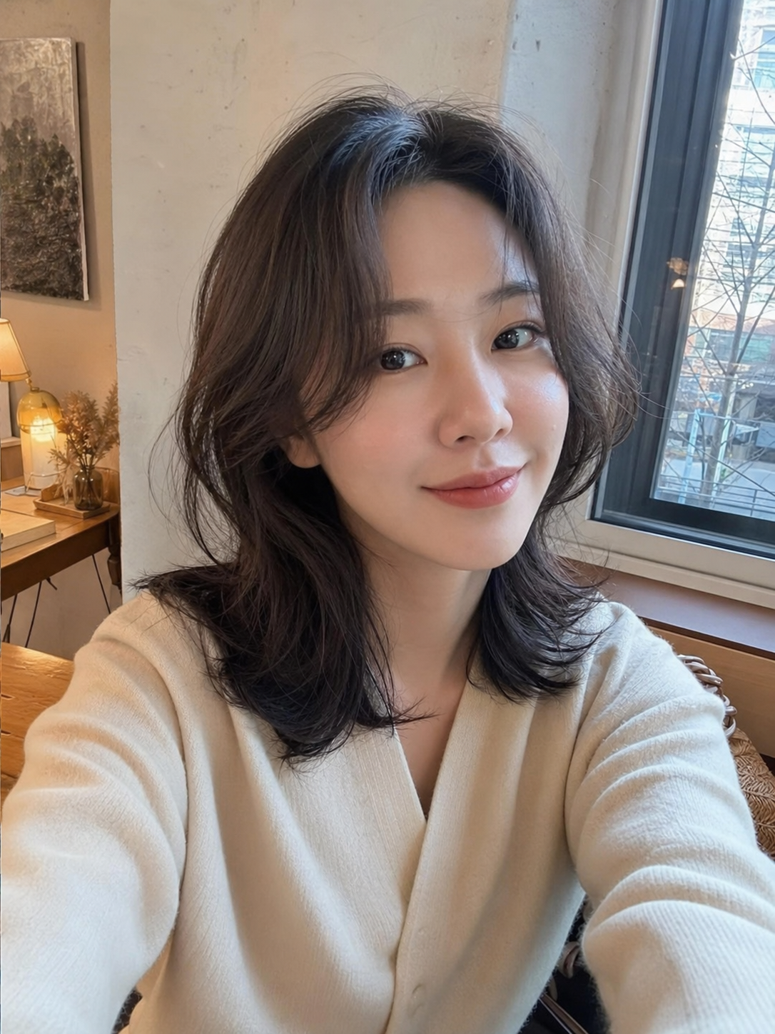 창가 카페에서 담은 중단발 레이어드 웨이브 셀카