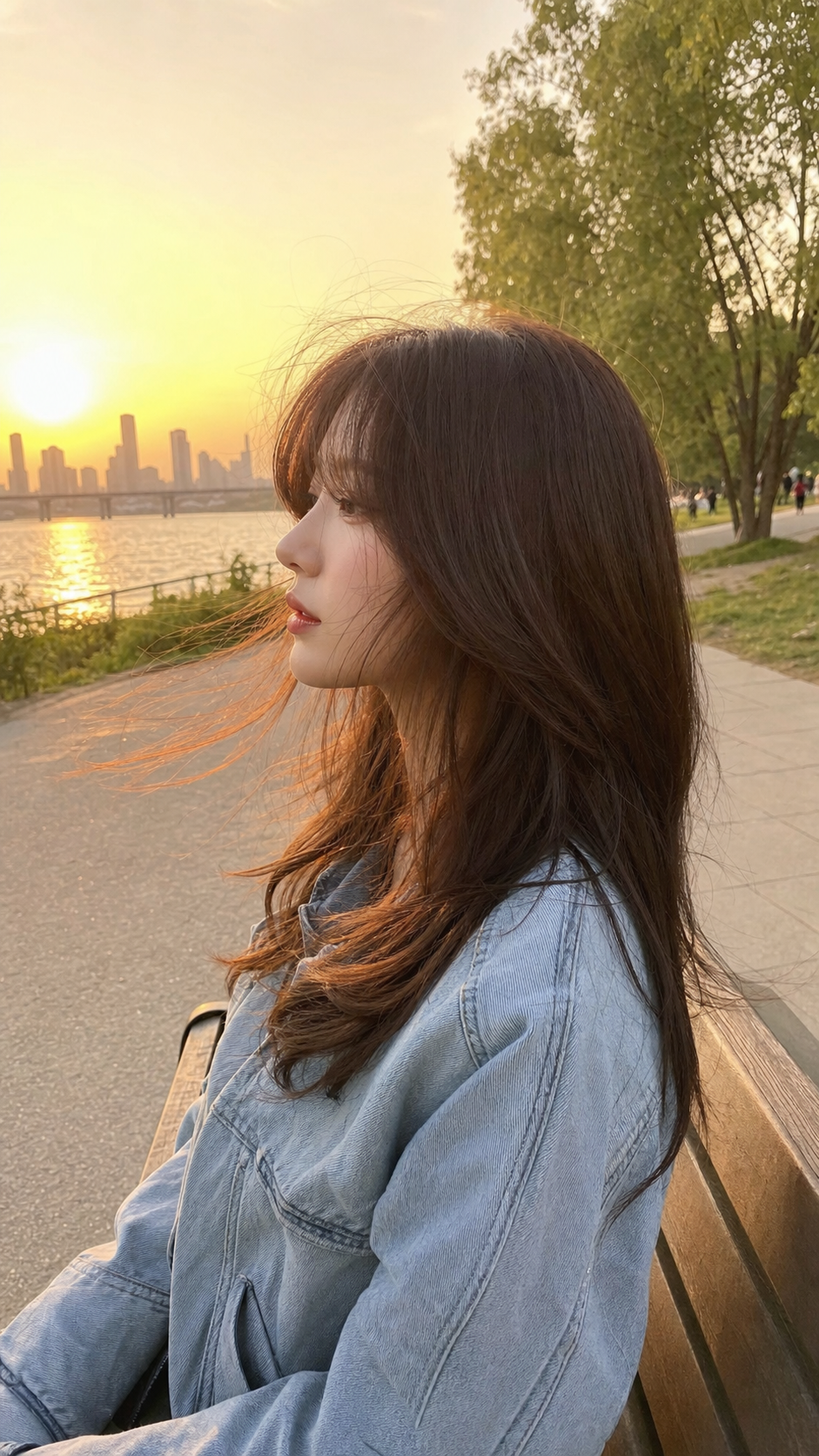 한강공원 노을 아래 자연스러운 하니 헤어