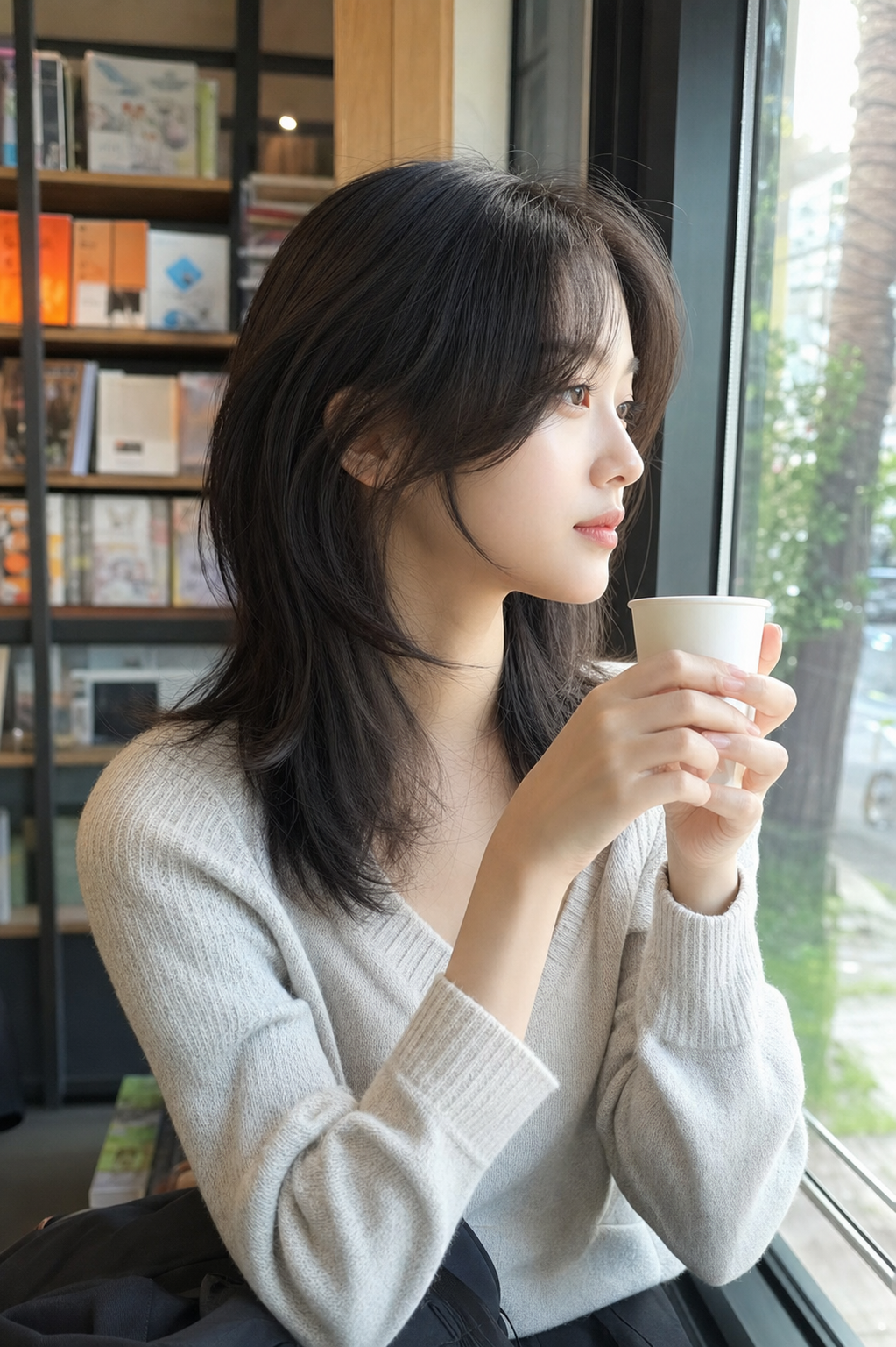 서점 창가에서 보이는 차분한 레이어드컷