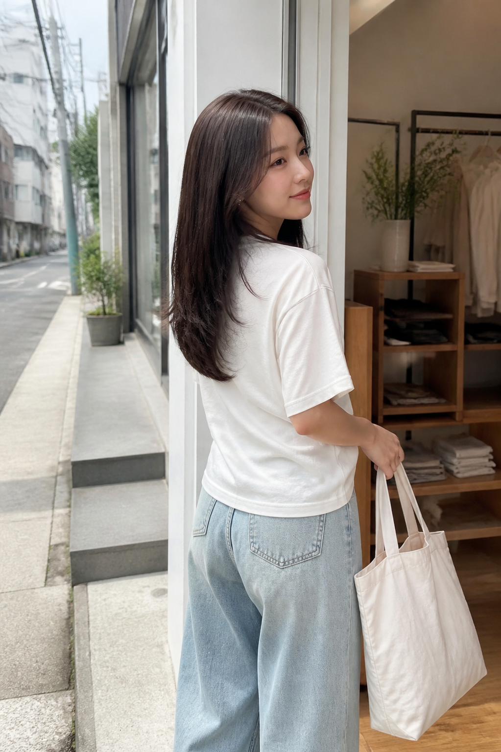 편집샵 앞 전신샷의 세련된 레이어드 펌