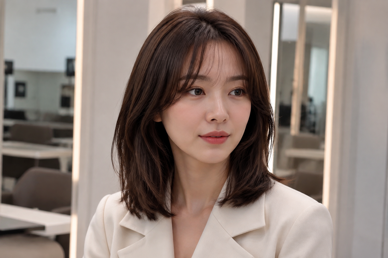 중단발 레이어드컷의 자연스러운 얼굴선 보정 스타일