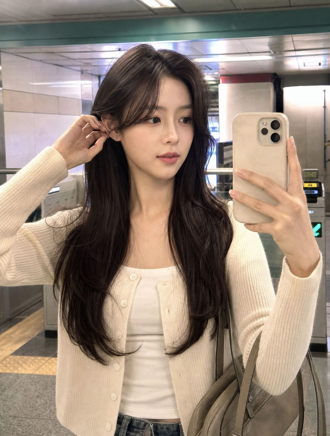 지하철역 거울 셀카, 정돈된 헤어