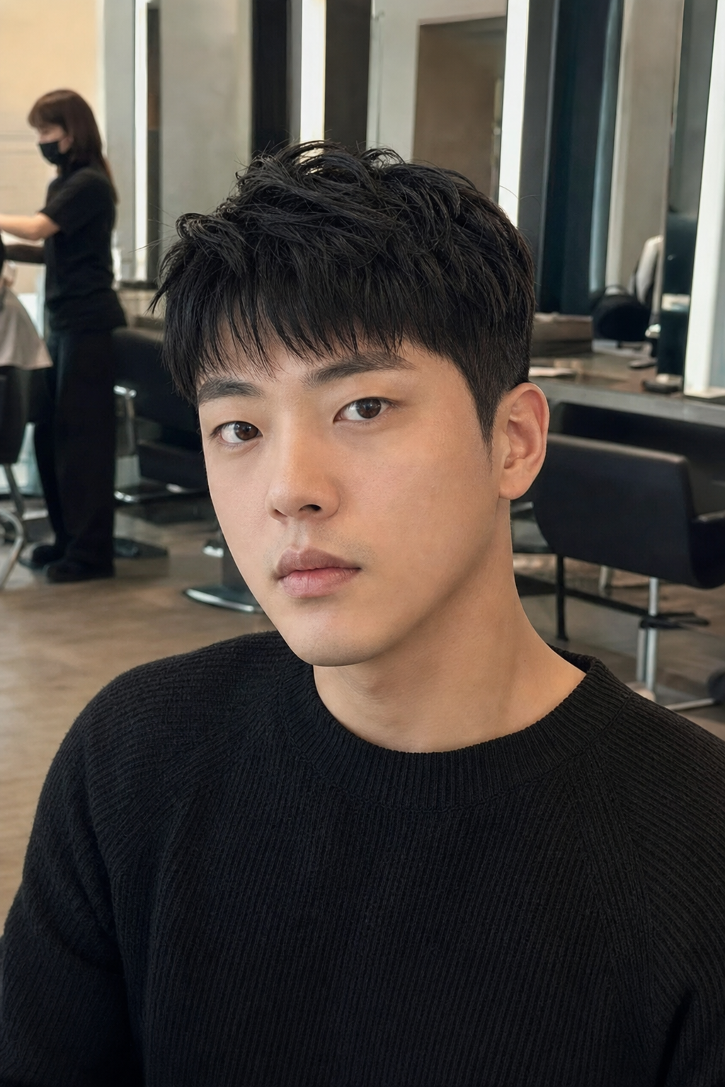 둥근 얼굴형에 잘 어울리도록 연출된 리젠트 컷