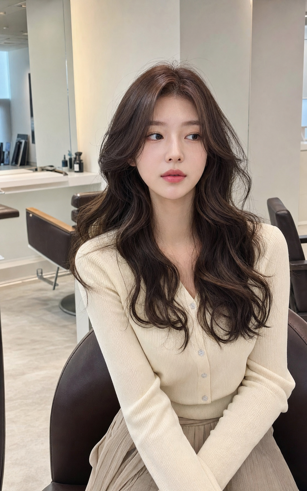 긴 머리 기장을 유지하며 자연스러운 볼륨을 더한 페일펌