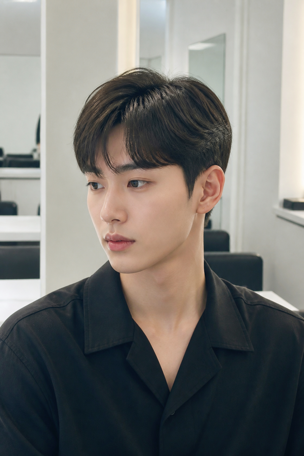 세미리프컷의 기본 실루엣을 보여주는 자연스러운 남성 스타일