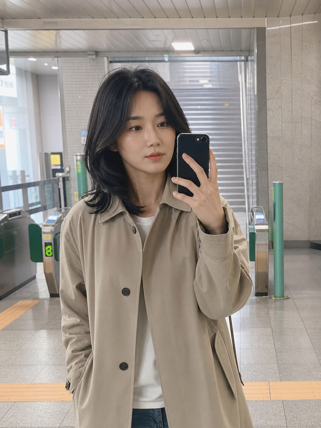 지하철역 입구 거울 셀카로 보는 브라운 웨이브