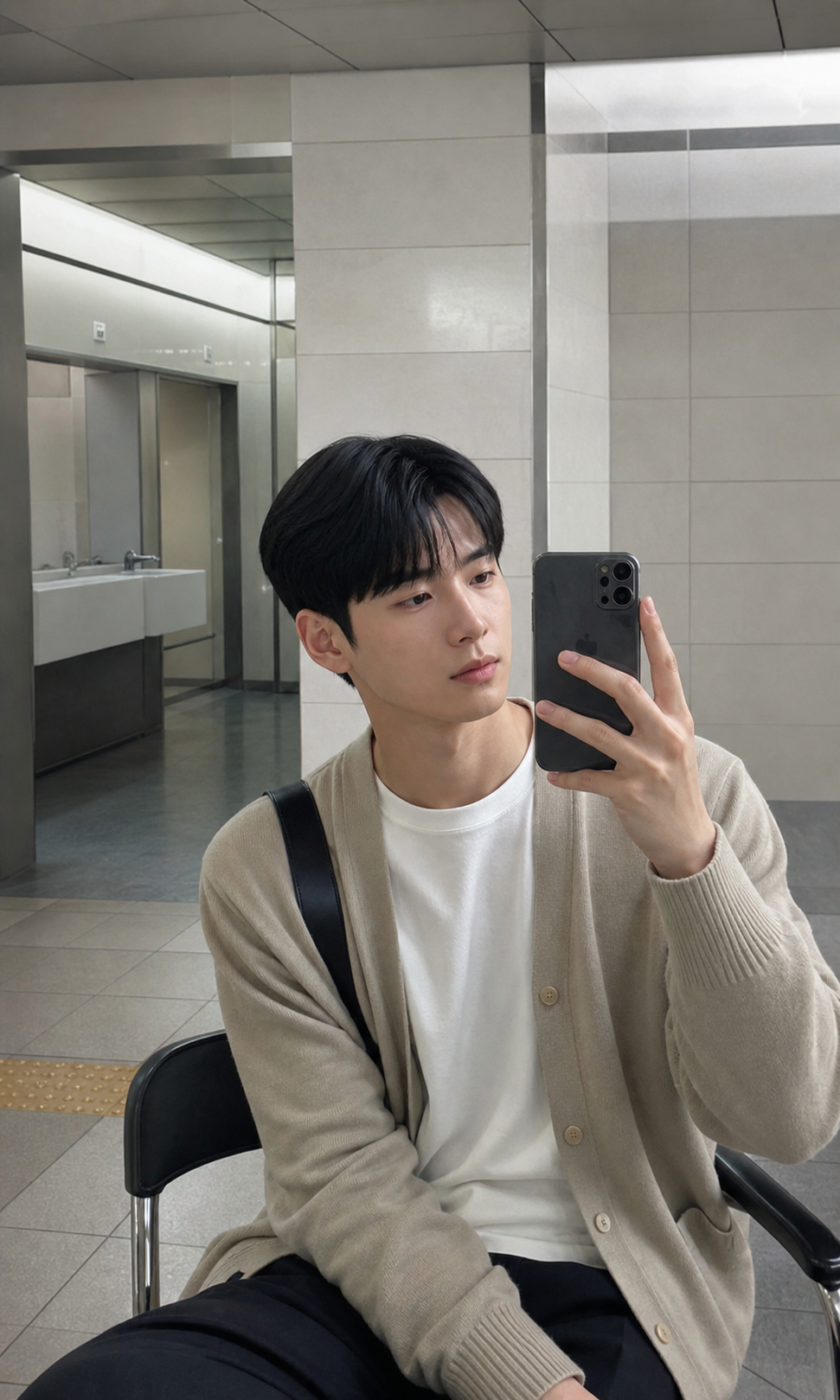 지하철역 거울 셀카로 담은 정돈된 시스루 컷