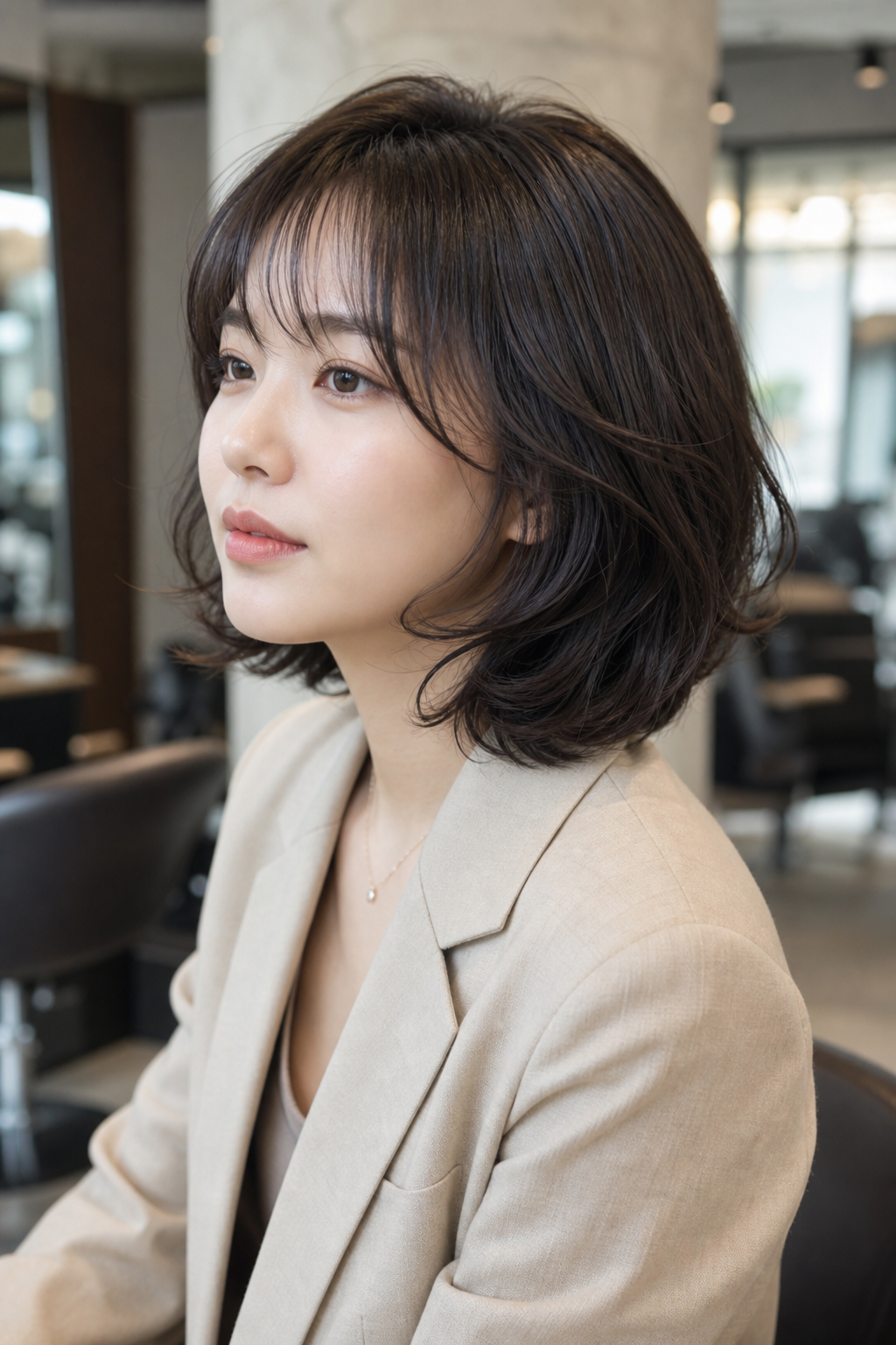 Park Eun-bin with a neat, intellectual bob cut, similar to her 'Woo Young-woo' style, with a subtle