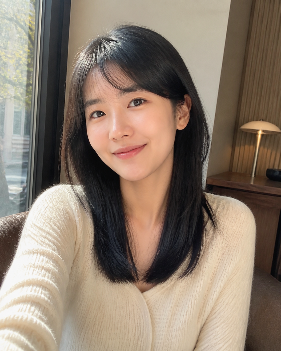 카페 창가에서 자연광으로 보이는 깔끔한 이선민 스타일
