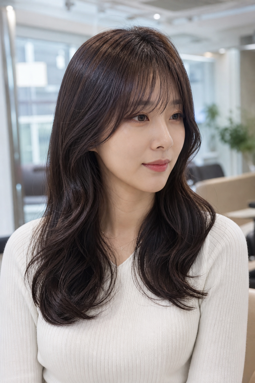 자연스럽게 새치가 커버된 건강하고 윤기 나는 머릿결