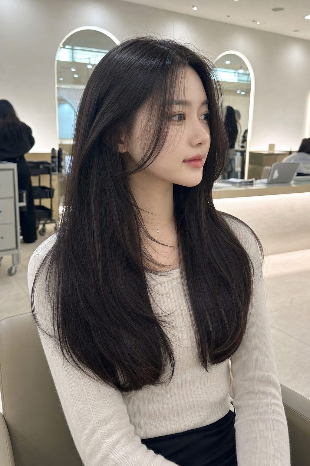 세련되고 우아한 앞머리 없는 긴 생머리 스타일