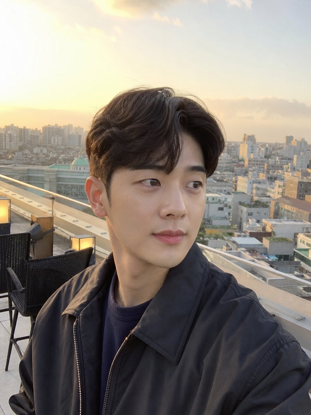 루프탑 노을 스냅, 세련된 가르마와 약한 웨이브