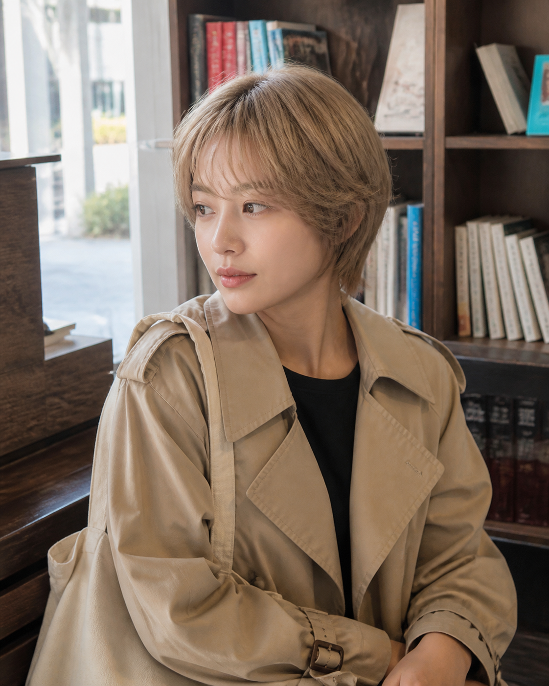 서점에서 포착한 우아한 긴 웨이브