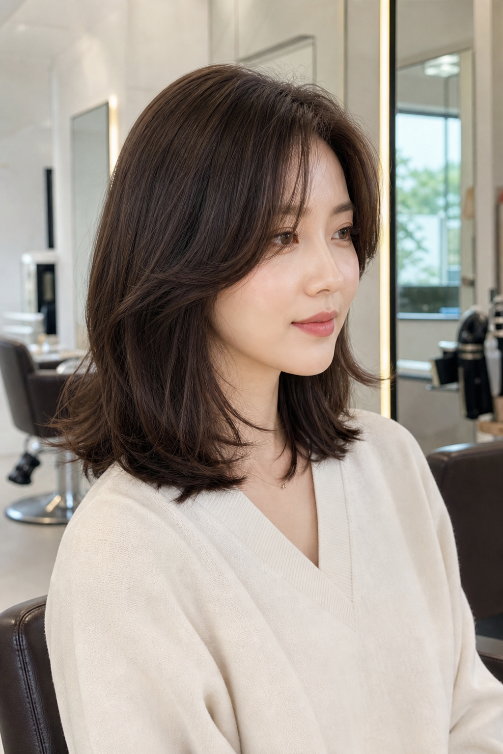 얼굴형을 보완하는 페이스라인 컷이 돋보이는 긴 머리 레이어드 스타일