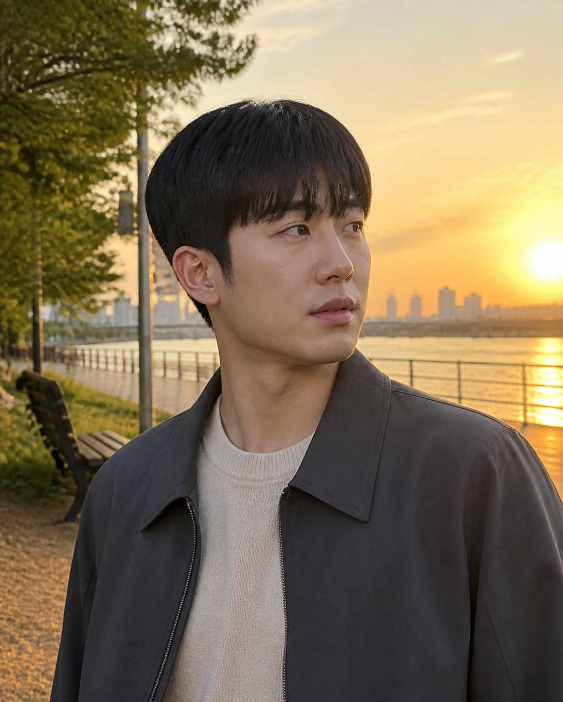 한강공원 벤치에서 보이는 부드러운 정해인 스타일