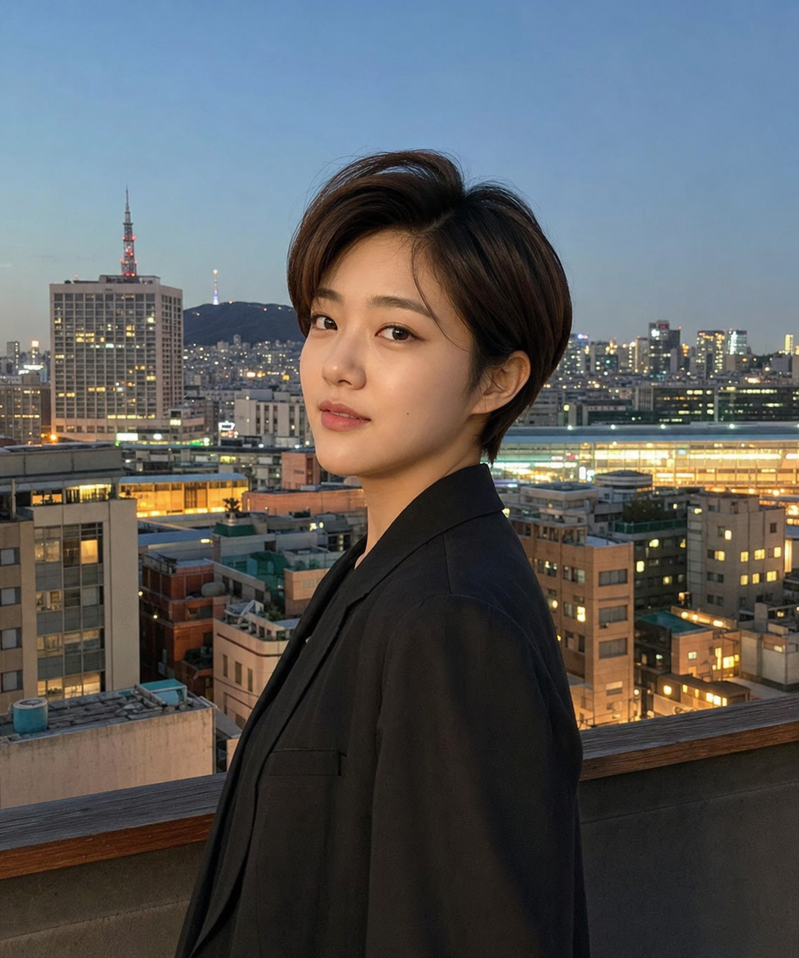 도심 야경 속 세련된 짧은 헤어 스냅