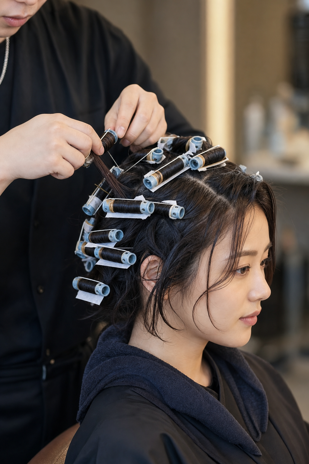 전문 헤어 디자이너가 부산빌드펌 시술 중 모발을 와인딩하는 모습