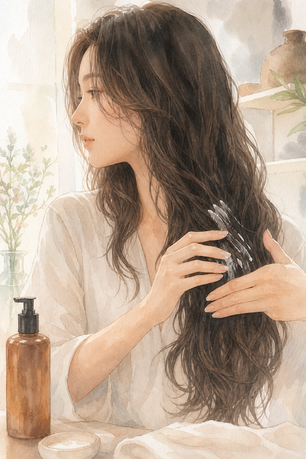 롱 웨이브 헤어 홈케어 및 스타일링 모습
