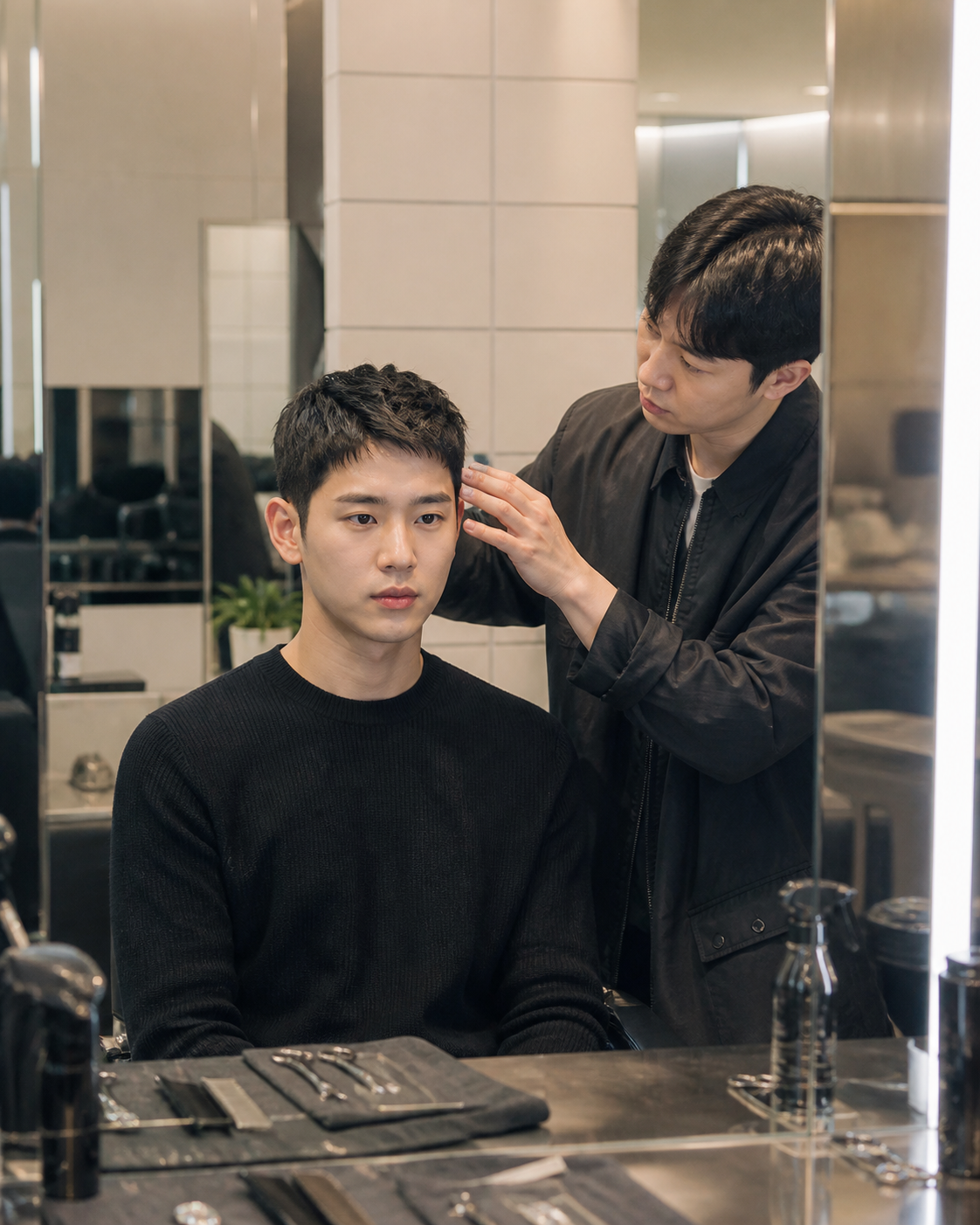 얼굴형과 헤어라인을 함께 확인하는 상담 장면