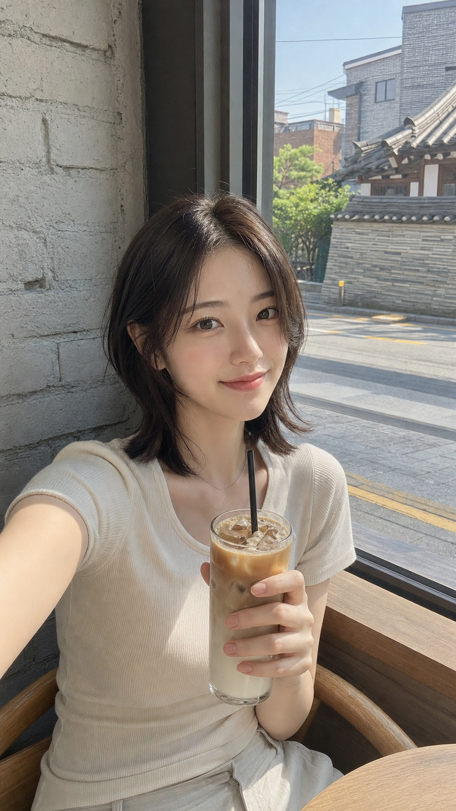 카페 창가에서 찍은 자연스러운 긴머리 셀피