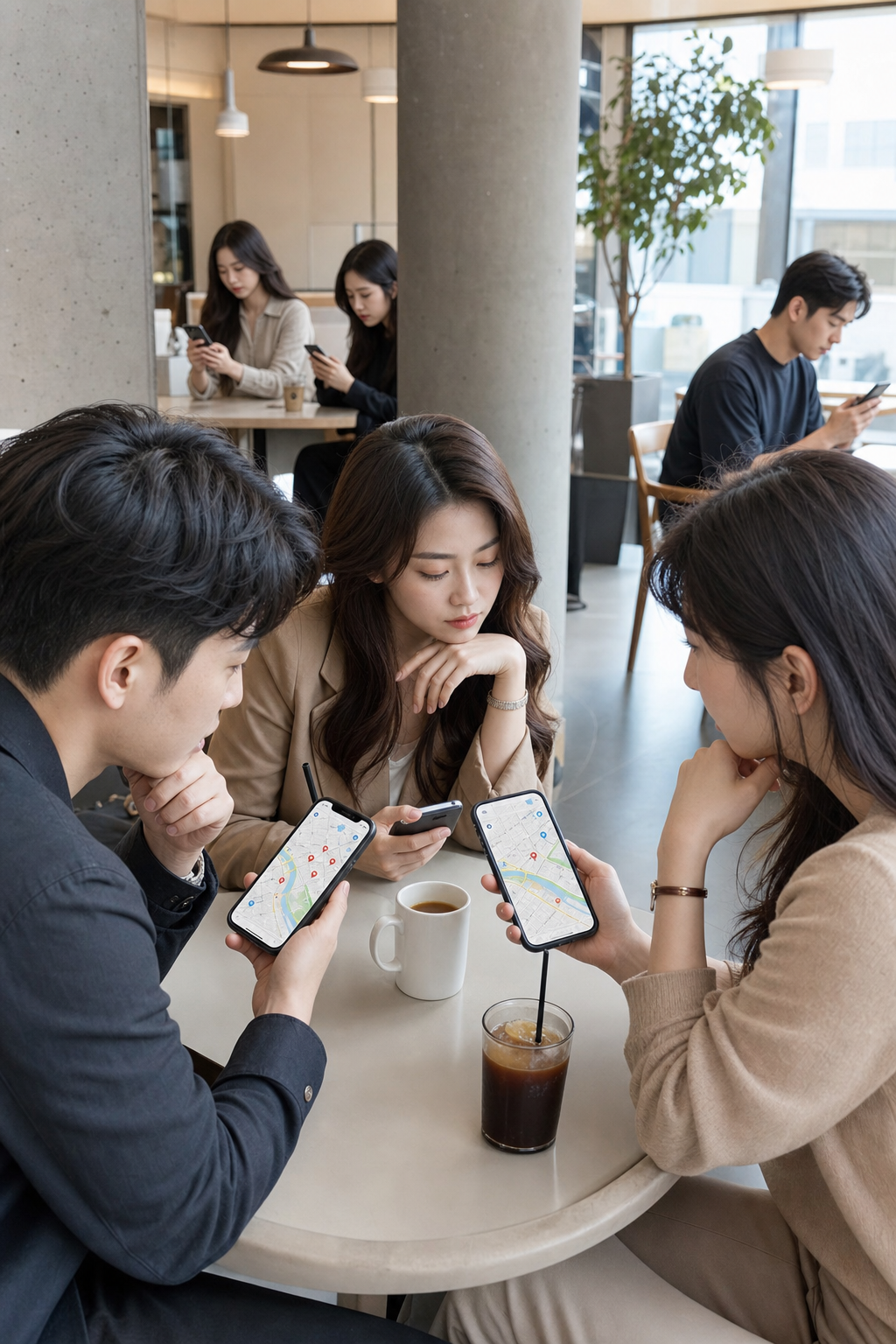스마트폰으로 구로 지역 미용실 정보를 검색하고 있는 다양한 연령대의 사람들.