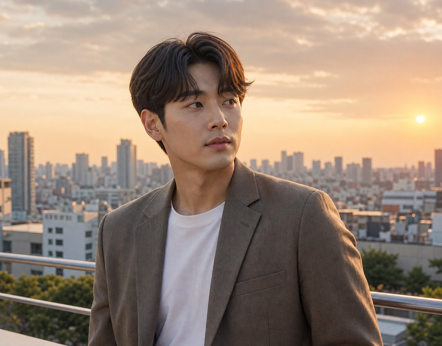 루프탑 노을 아래 세련된 가일컷 무드