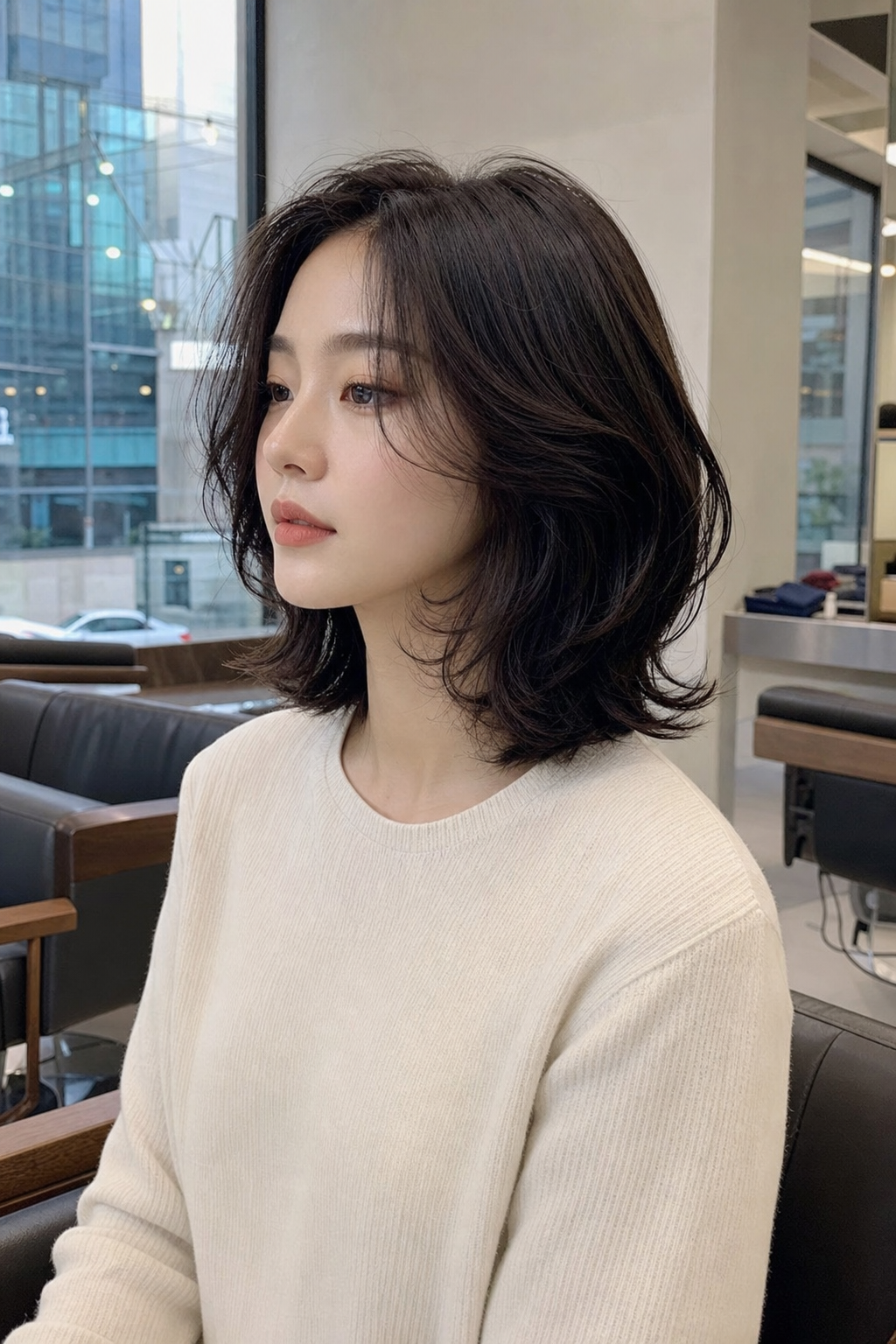Shin Hye-sun with a sleek long hair, sophisticated and modern, urban background, fashion magazine st