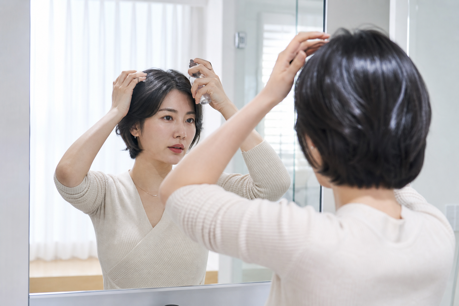 여성이 집에서 헤어 에센스를 바르며 웨이브 머리를 손질하는 모습, 욕실 거울 앞, 건강한 머릿결, with layered silhouette, soft C-curl finish,
