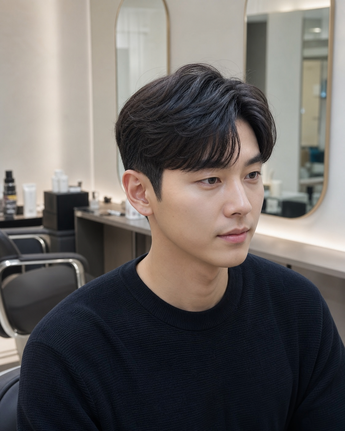 자연스러운 6:4 가르마와 부드러운 C컬이 보이는 정돈된 남성 헤어