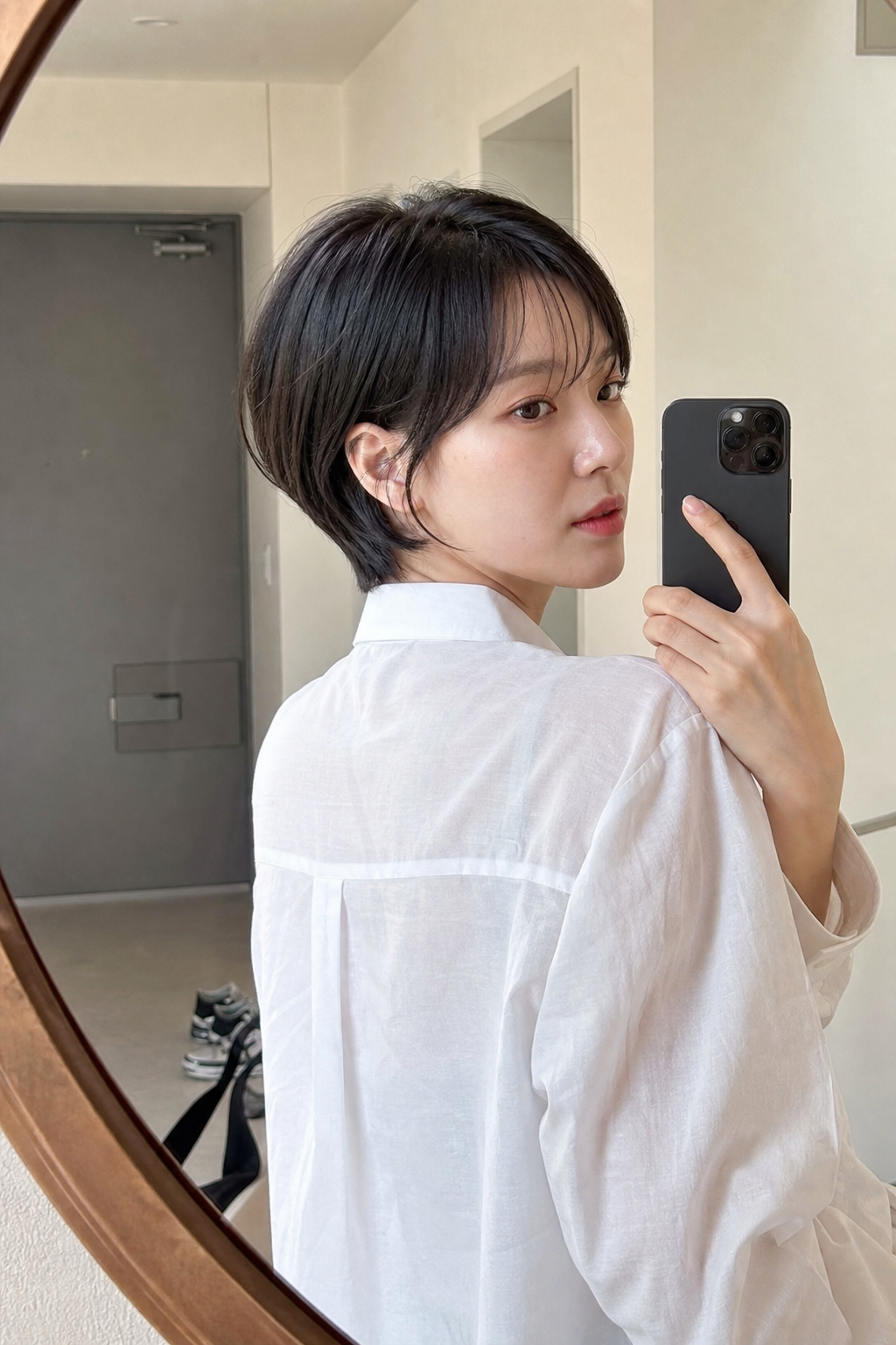 거울 셀카로 담은 얼굴선 보정 단발