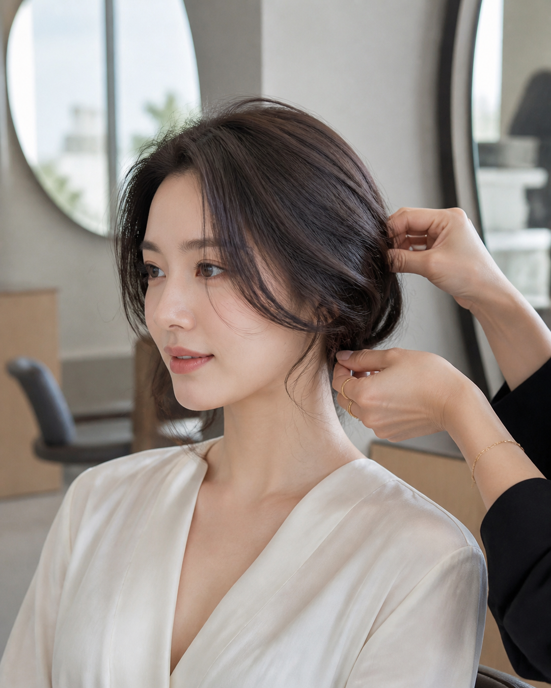 짧은 머리도 가능한 업스타일 상담 장면