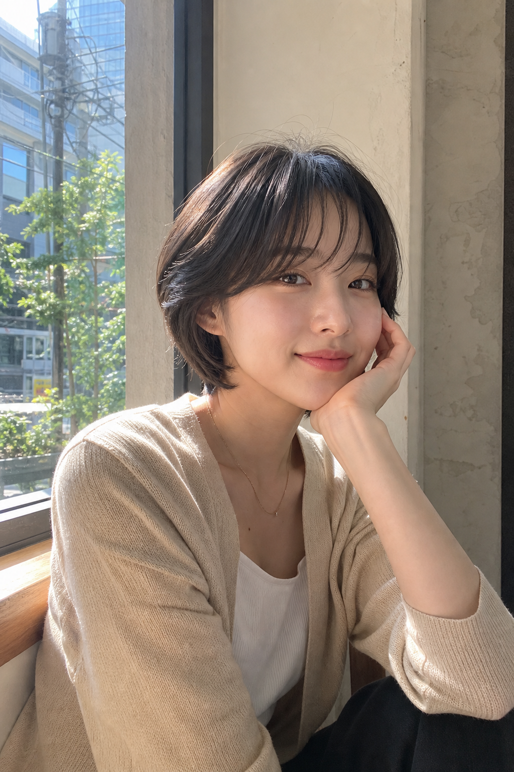 카페 창가 셀피로 보는 내추럴 레이어드 중단발