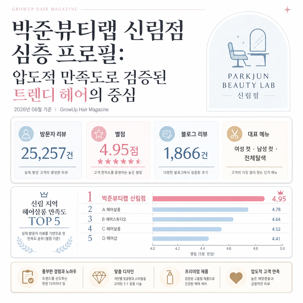 박준뷰티랩 신림점 심층 프로필: 압도적 만족도로 검증된 트렌디 헤어의 중심 인포그래픽 (2026년 06월 기준)