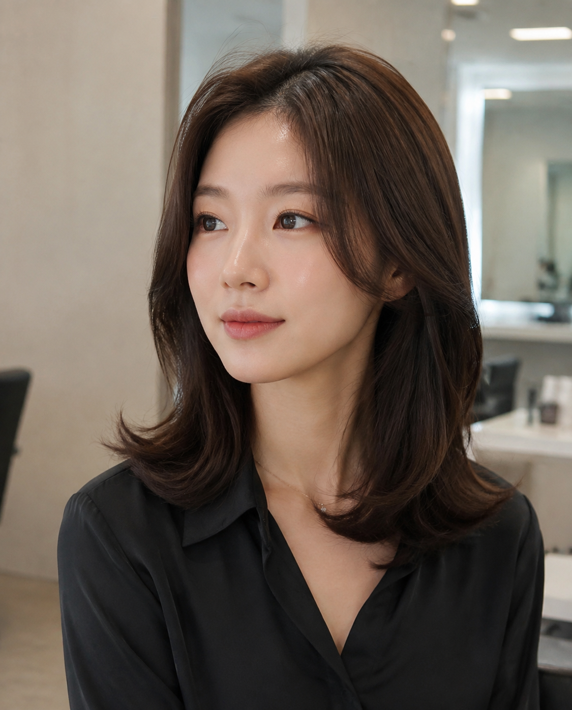 볼륨과 얼굴형 보정이 강조된 현대적인 헤어스타일