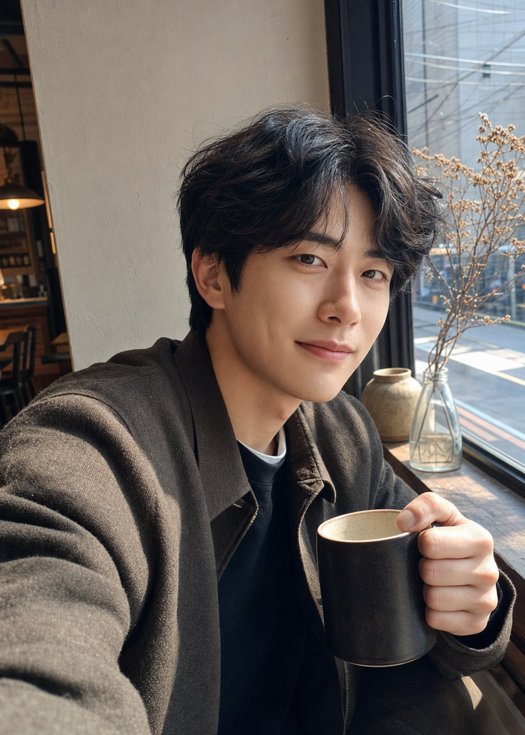 카페 창가에서 자연광을 받은 우아한 웨이브 브라운 셀피