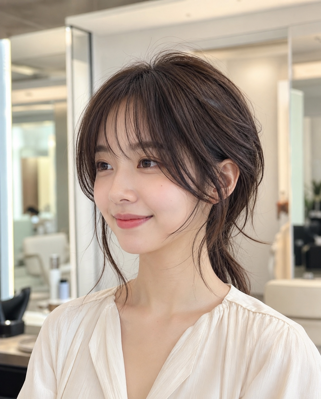 동안 이미지를 연출하는 시스루 뱅 긴 머리 스타일