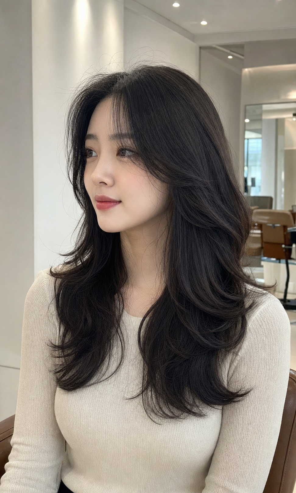 긴 흑발과 자연스러운 물결 웨이브